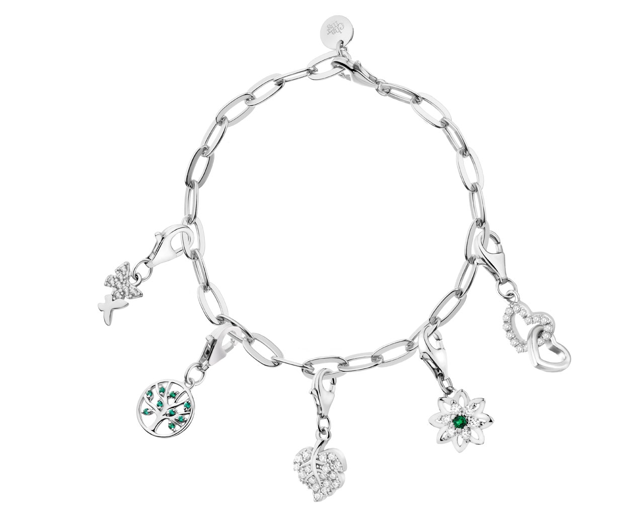 Bransoleta srebrna charms - zestaw - serce, kwiat, liść, drzewko, motyl