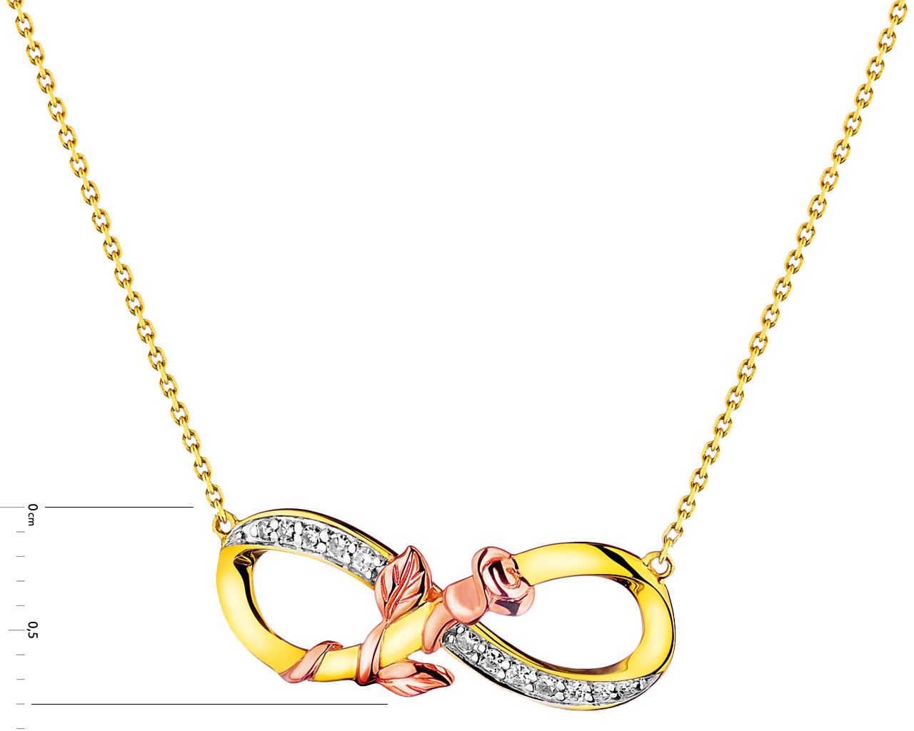Naszyjnik z żółtego i różowego złota z diamentami -  nieskończoność, róża 0,06 ct - próba 375