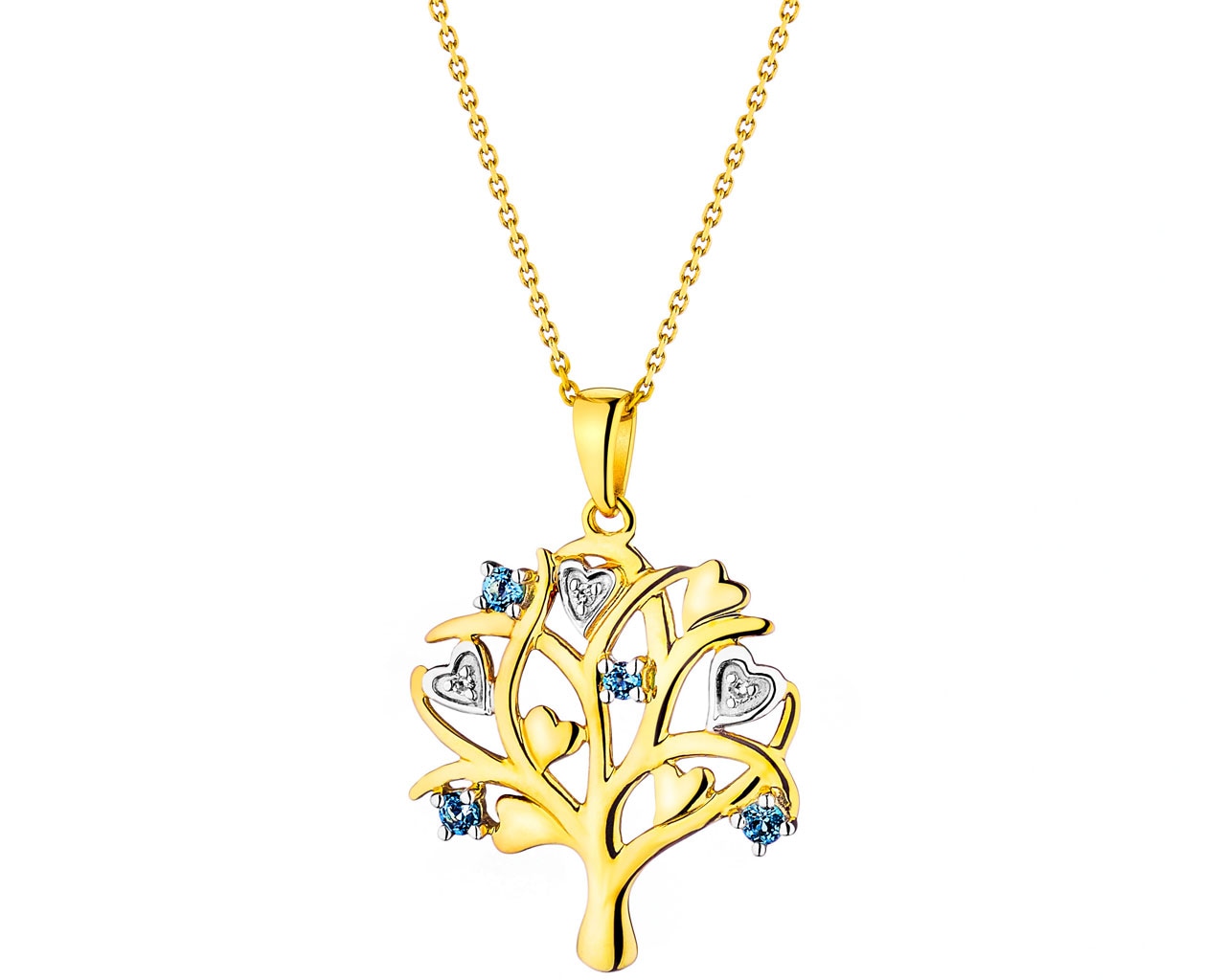 Zawieszka z żółtego złota z diamentami i topazami (London Blue) - drzewko  0,01 ct - próba 375
