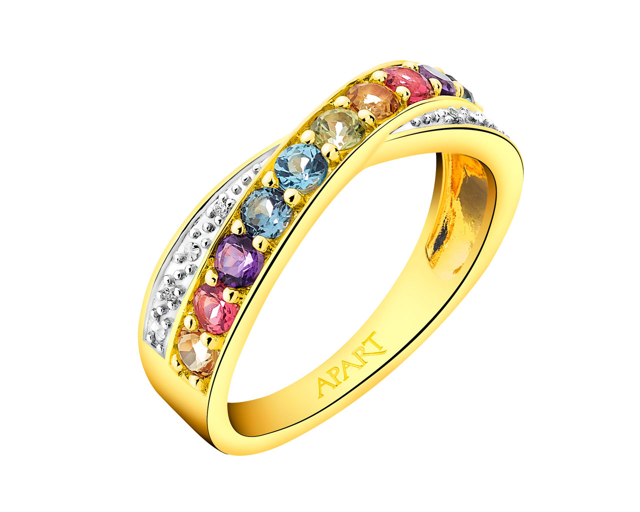 Zlatý prsten s diamanty a drahokamy 0,01 ct - ryzost 585