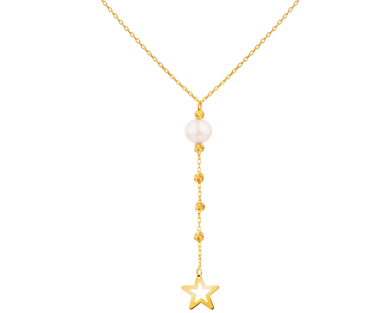 Złoty naszyjnik z perłą, ankier - gwiazda, kulki
