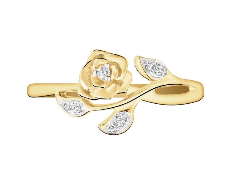 Pierścionek z żółtego złota z diamentami - róża - 0,04 ct - próba 375