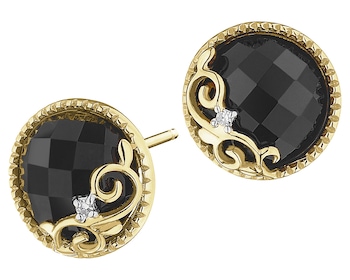 Yellow Gold Diamond Earrings with Onyx - fineness 14 K