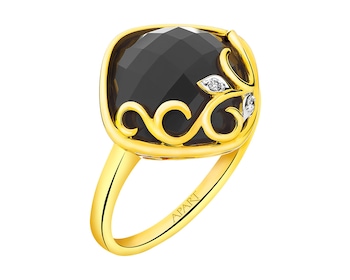 Prsten ze žlutého zlata s diamanty a onyxem 0,01 ct - ryzost 585