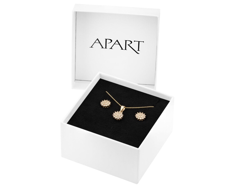 Złote kolczyki i zawieszka z cyrkoniami, łańcuszek - komplet