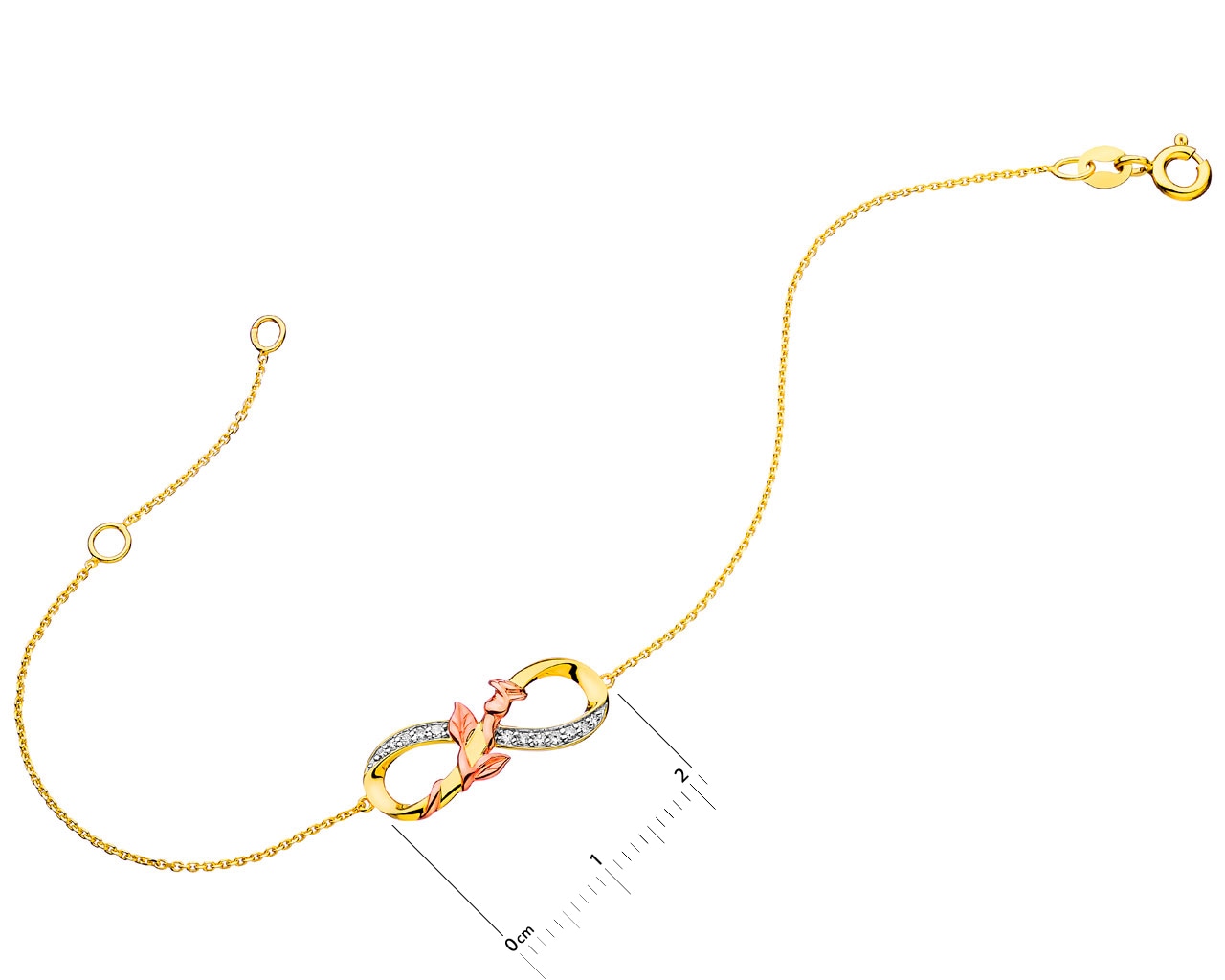 Bransoletka z żółtego i różowego złota z diamentami - róża, nieskończoność 0,06 ct - próba 375