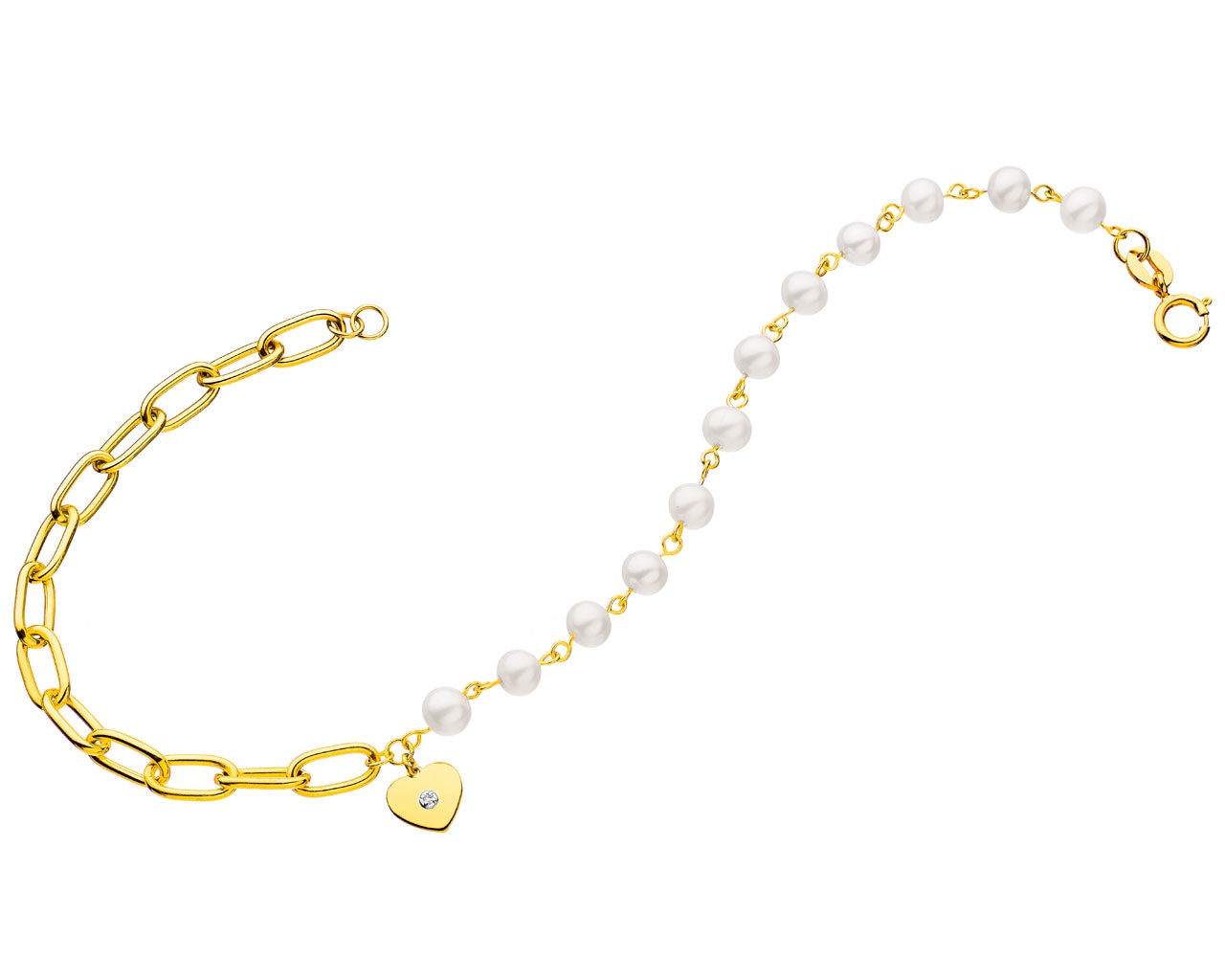 Bransoletka z żółtego złota z diamentem i perłami - serce 0,003 ct - próba 375
