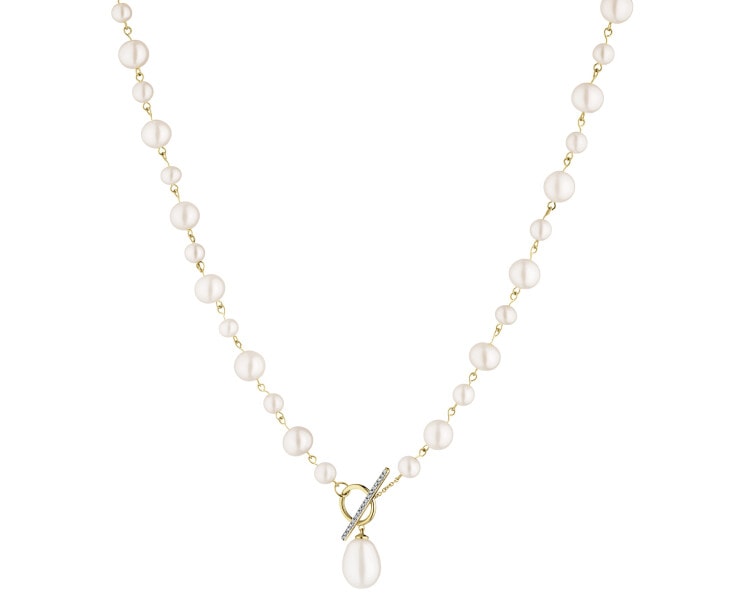 Yellow gold necklace with diamonds and pearls - fineness 14 K