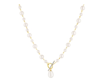 Yellow gold necklace with diamonds and pearls 0,05 ct - fineness 14 K