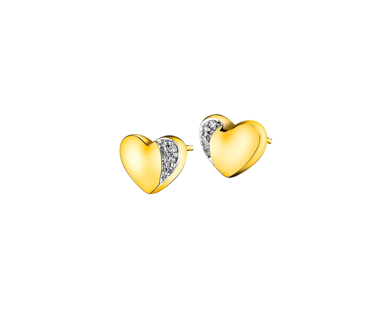 Kolczyki z żółtego złota z diamentami - serca 0,02 ct - próba 375