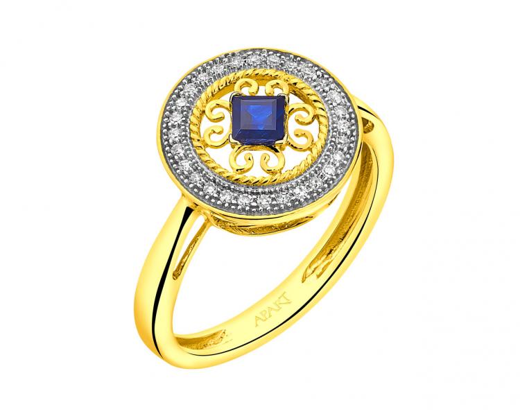Prsten ze žlutého zlata s diamanty a safírem - rozeta - ryzost 585