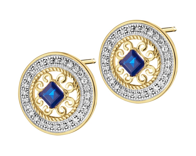 Earrings made of yellow gold with diamonds and sapphires - fineness 14 K