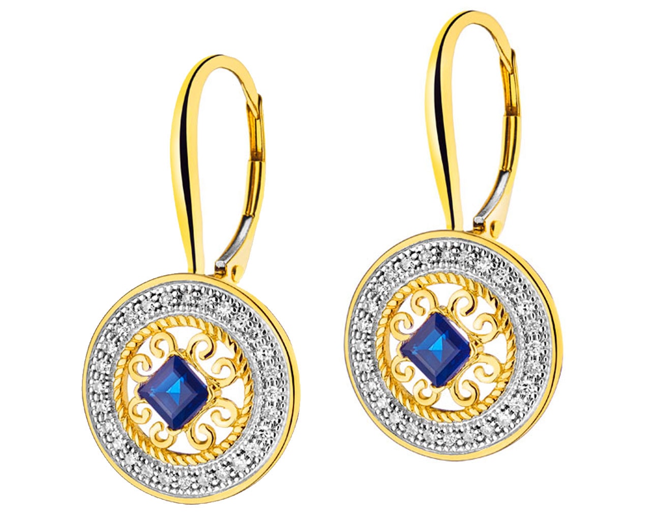 Zlaté náušnice s diamanty a safíry - rozety 0,15 ct - ryzost 585