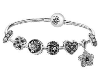Stříbrný náramek beads - sada - květy, srdce, nekonečno