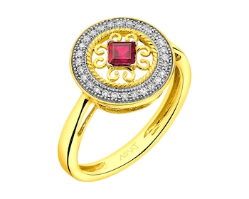 Prsten ze žlutého zlata s diamanty a rubínem - rozeta 0,08 ct - ryzost 585