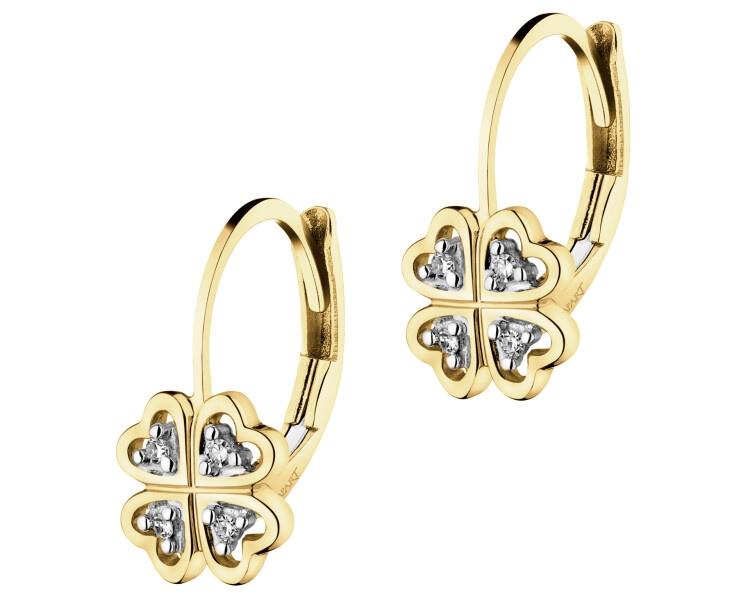 Náušnice ze žlutého zlata s diamanty- čtyřlístky - 0,02 ct - ryzost 585