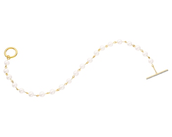 Náramek ze žlutého zlata s diamantem a perlami - kroužek - ryzost 585