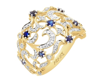 Ring made of white gold with diamonds and sapphire - fineness 14 K