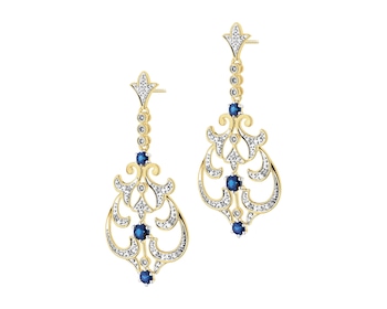 Earrings made of yellow gold with diamonds and sapphires - fineness 14 K