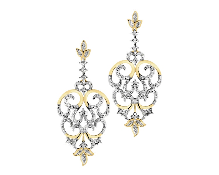 14 K Rhodium-Plated Yellow Gold Dangling Earring with Diamonds - 0,30 ct - fineness 14 K