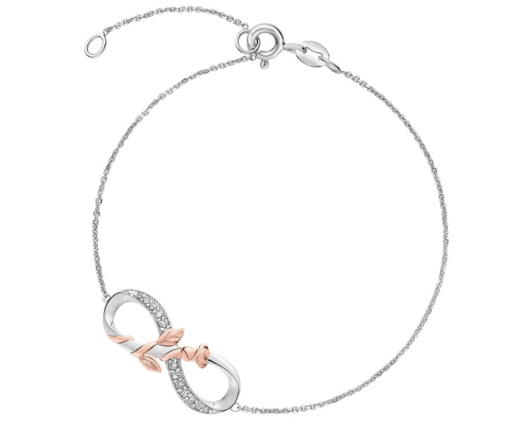 Bransoletka z białego i różowego złota z diamentami - róża, nieskończoność - 0,06 ct - próba 375
