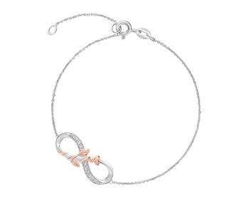 Bransoletka z białego i różowego złota z diamentami - róża, nieskończoność - 0,06 ct - próba 375