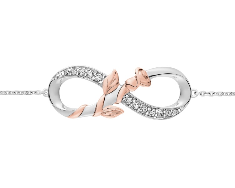 Bransoletka z białego i różowego złota z diamentami - róża, nieskończoność - 0,06 ct - próba 375
