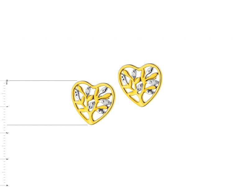 Kolczyki z żółtego złota z diamentami - serce, drzewko 0,01 ct - próba 375