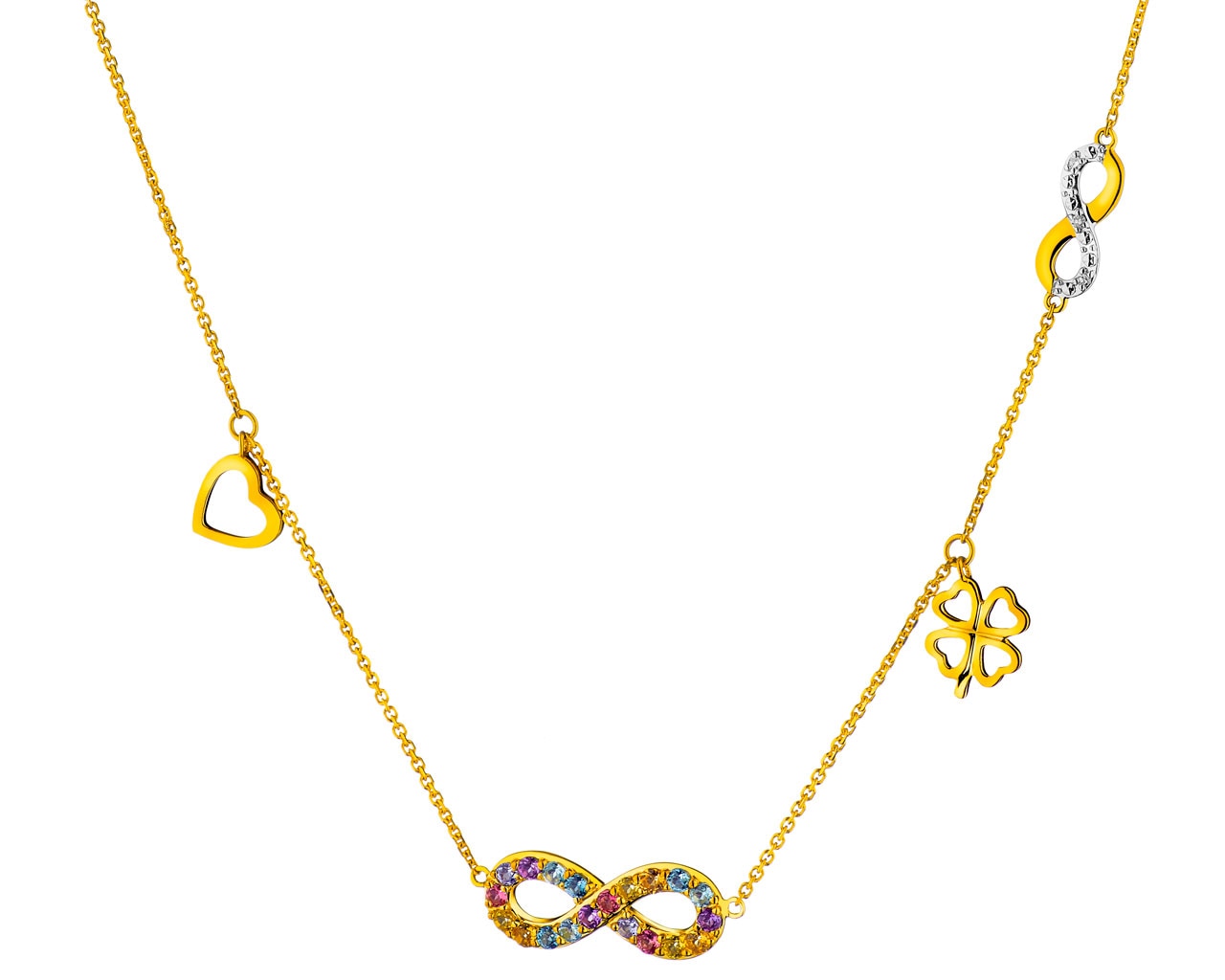 Zlatý náhrdelník s diamanty a drahokamy - nekonečno, čtyřlístek, srdce 0,01 ct - ryzost 585