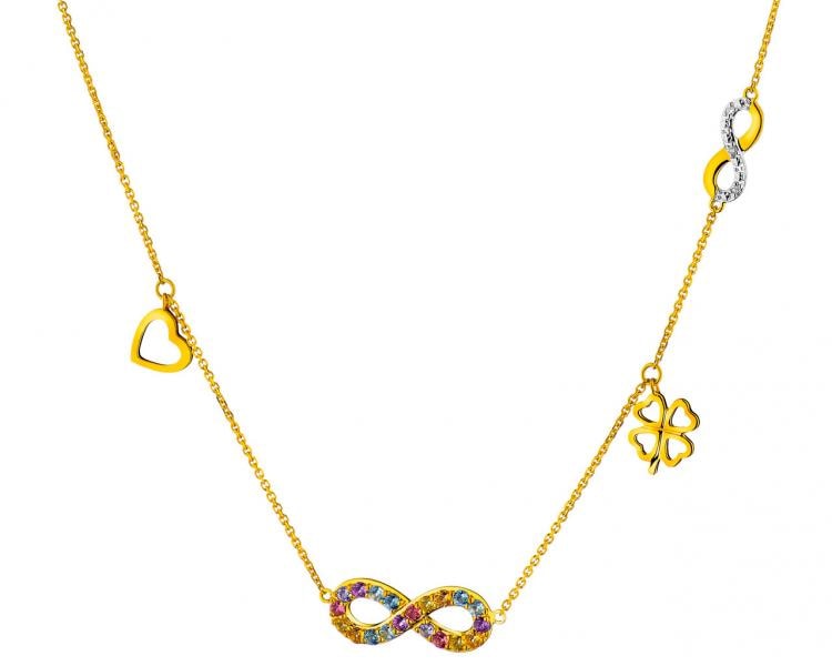 Zlatý náhrdelník s diamanty, drahokamy a ozdobnými kameny - nekonečno, čtyřlístek, srdce - ryzost 585
