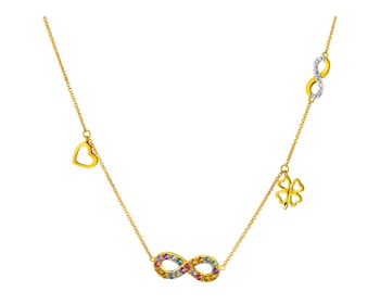 Zlatý náhrdelník s diamanty a drahokamy - nekonečno, čtyřlístek, srdce - ryzost 585