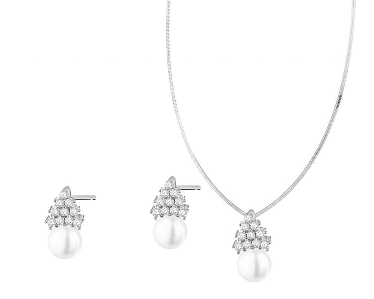 Stříbrné náušnice, přívěsek s perlami a zirkony, řetízek - sada