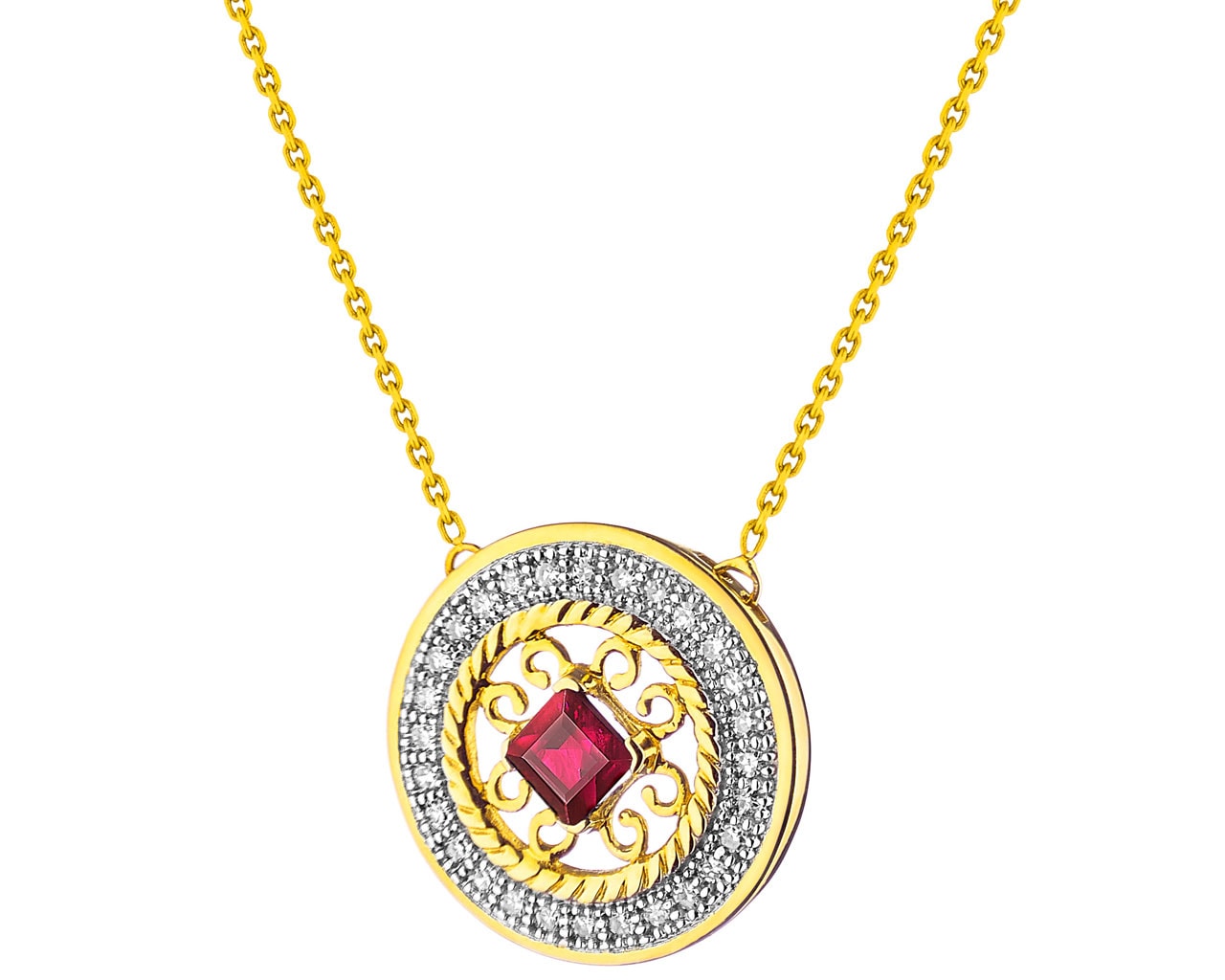 Zlatý náhrdelník s diamanty a rubínem - rozeta 0,08 ct - ryzost 585