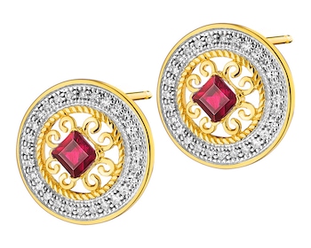 Zlaté náušnice s diamanty a rubíny - rozety 0,15 ct - ryzost 585