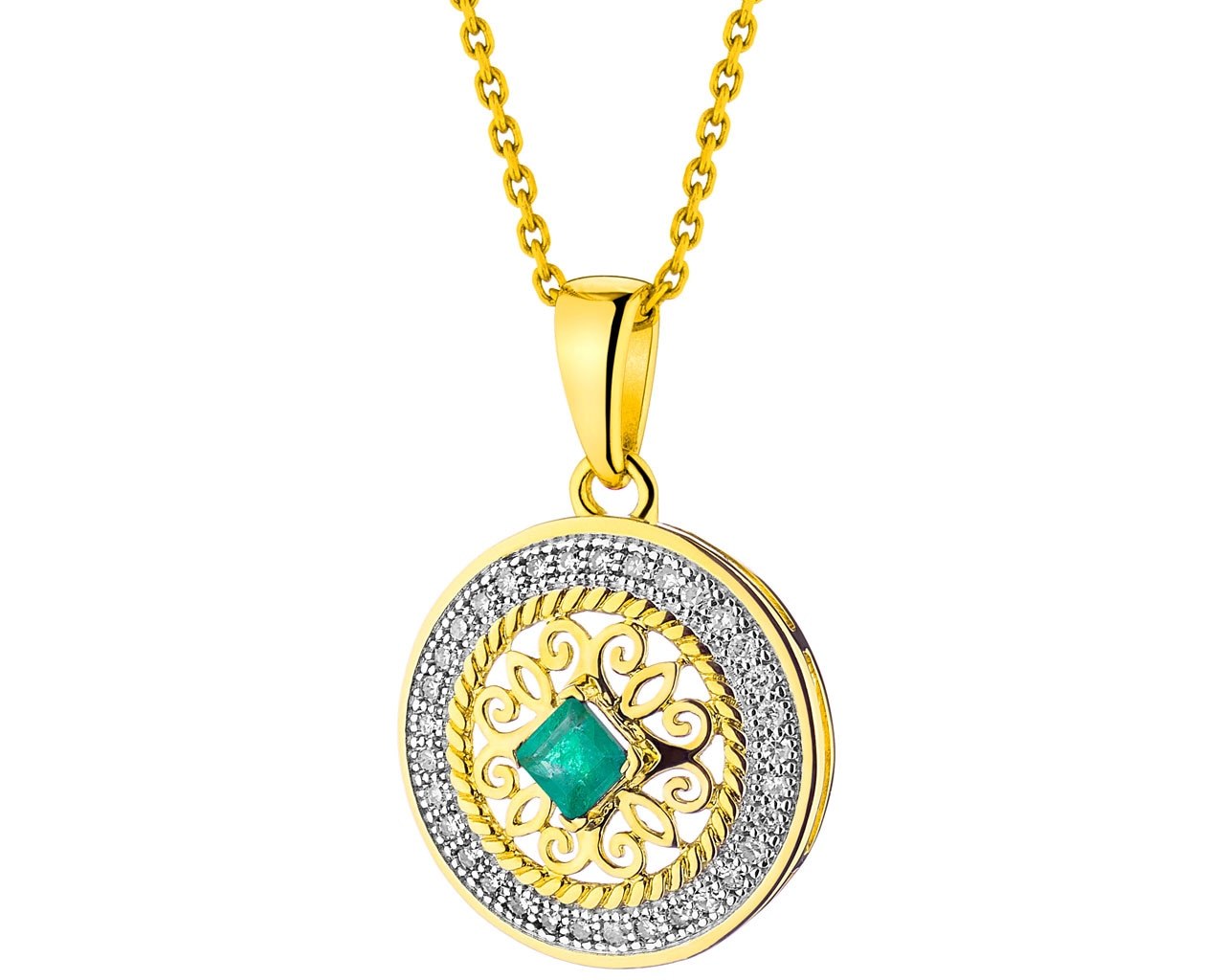 Zlatý přívěsek s diamanty a smaragdem - rozeta 0,09 ct - ryzost 585