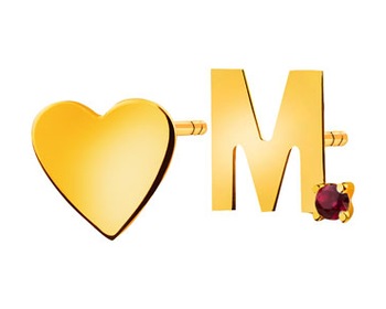 Złote kolczyki z cyrkonią - serce, litera M