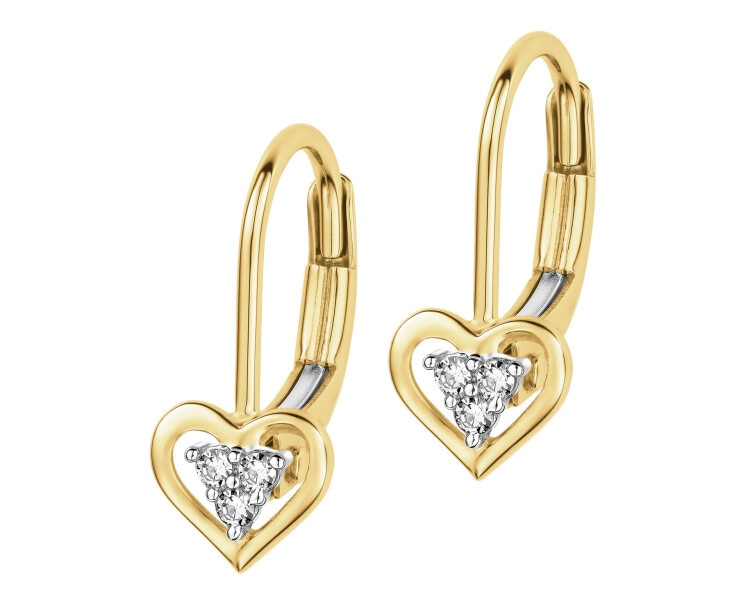 Kolczyki z żółtego złota z diamentami - serca - 0,03 ct - próba 585