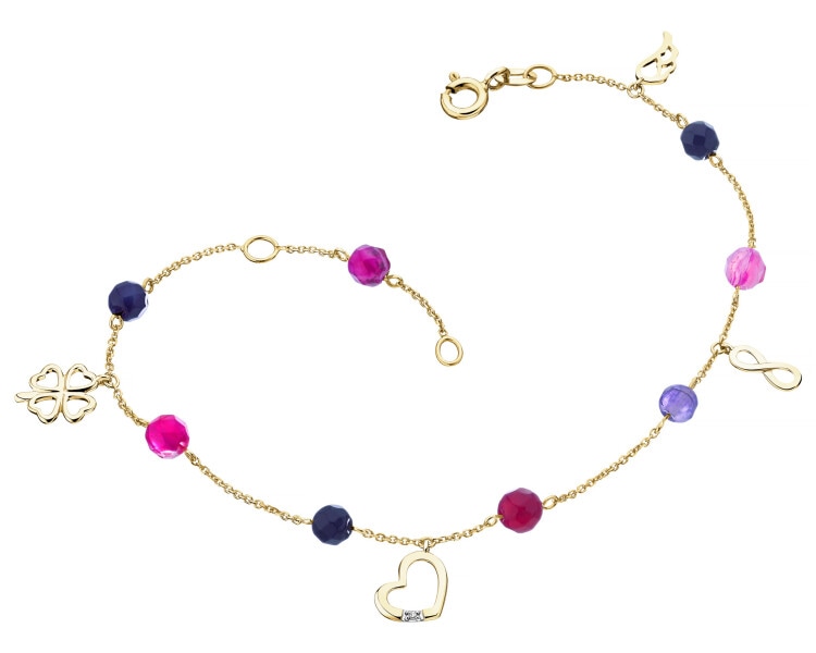 Náramek ze žlutého zlata s acháty a diamantem - srdce, čtyřlístek, nekonečno, křídlo - ryzost 585