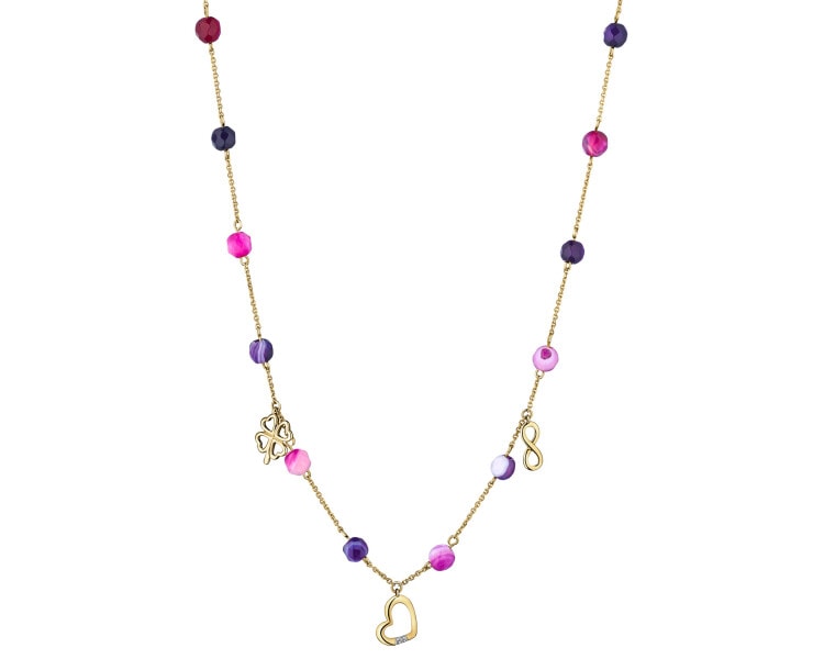 Náhrdelník ze žlutého zlata s acháty a diamantem - srdce, čtyřlístek, nekonečno - ryzost 585