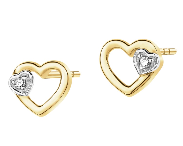 Kolczyki z żółtego złota z diamentami - serca - 0,01 ct - próba 585