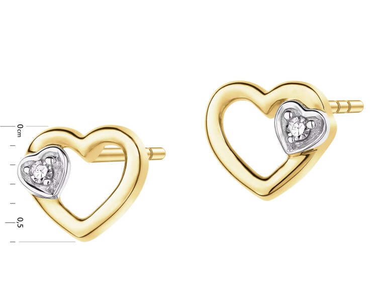 Kolczyki z żółtego złota z diamentami - serca - 0,01 ct - próba 585