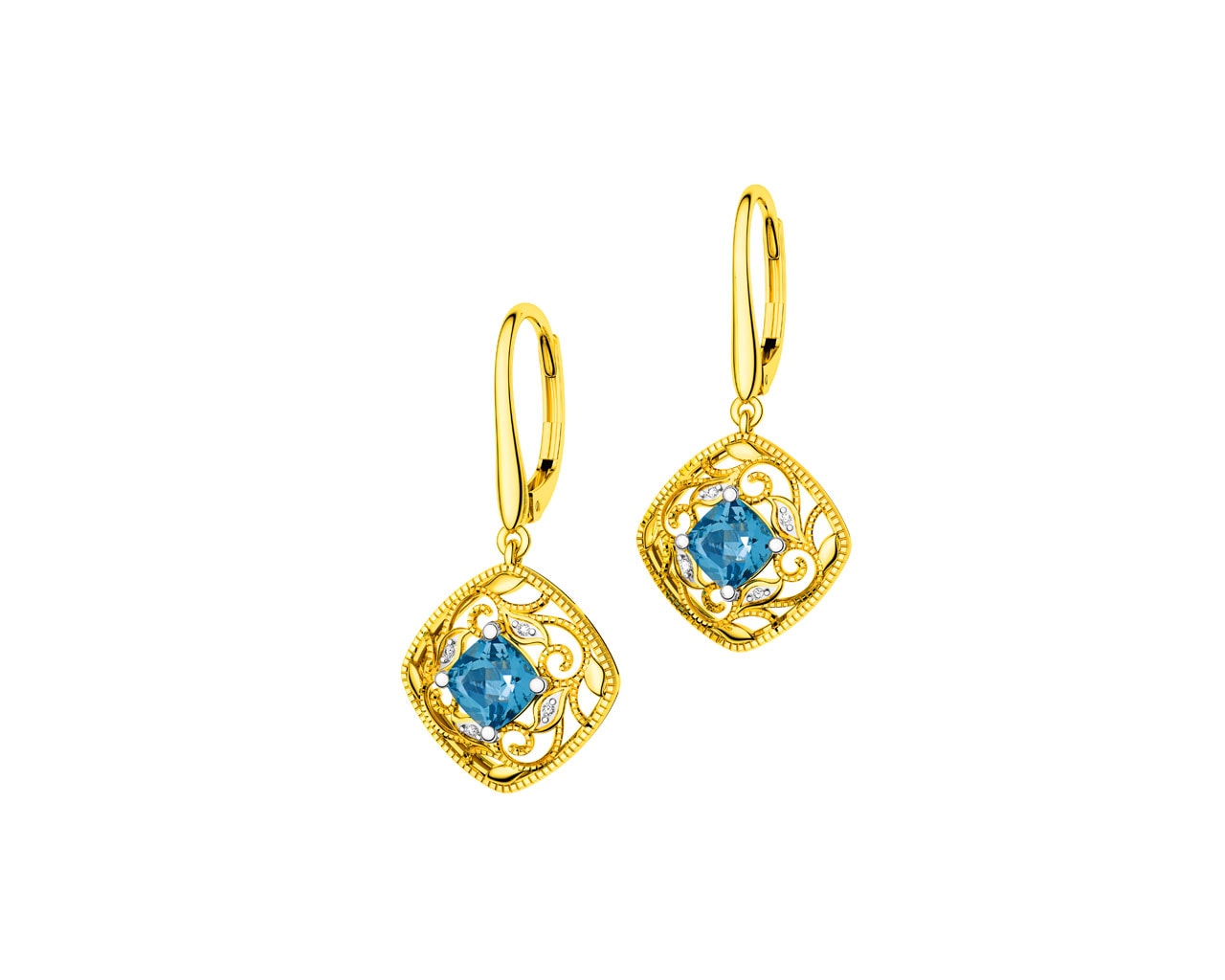 Zlaté náušnice s diamanty a topazy (London Blue)  0,02 ct - ryzost 585