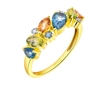 Zlatý prsten s brilianty, topazy, citríny a peridoty 0,05 ct - ryzost 585