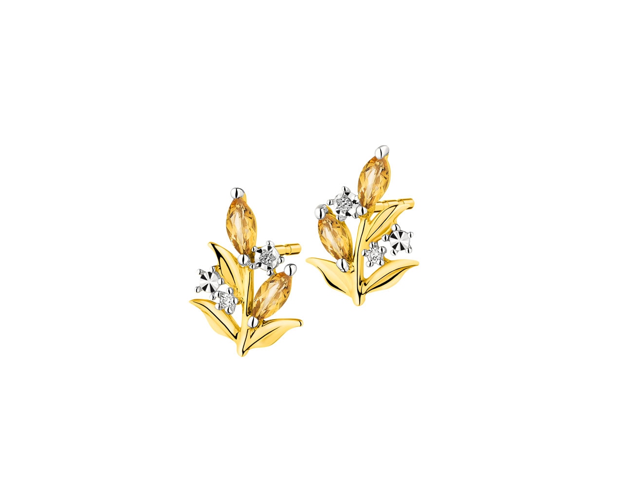 Zlaté náušnice s diamanty a citríny - listy 0,01 ct - ryzost 585
