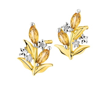 Zlaté náušnice s diamanty a citríny - listy 0,01 ct - ryzost 585