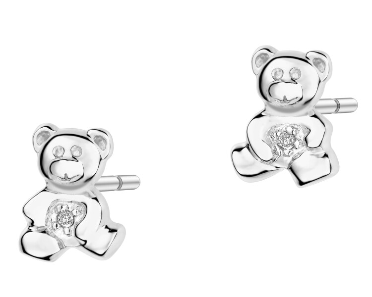 Kolczyki z białego złota z diamentami - misie - 0,004 ct - próba 585