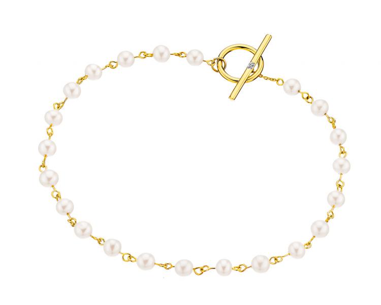 Bransoletka z żółtego złota z diamentem i perłami - 19 cm - próba 375