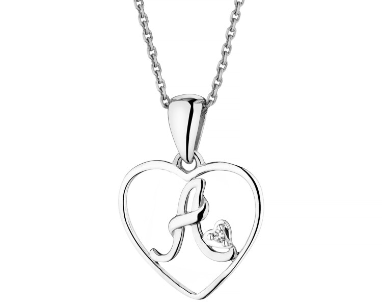 Zawieszka z białego złota z diamentem - litera A, serce - 0,005 ct - próba 585