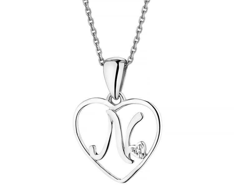 Zawieszka z białego złota z diamentem - litera N, serce - 0,005 ct - próba 585
