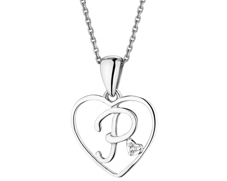 Zawieszka z białego złota z diamentem - litera P, serce - 0,005 ct - próba 585